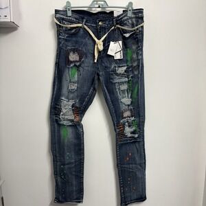 Rue21 Premium Men's 34X34 Jeans Blue Design Patch Distressed Skinny Fit Denim